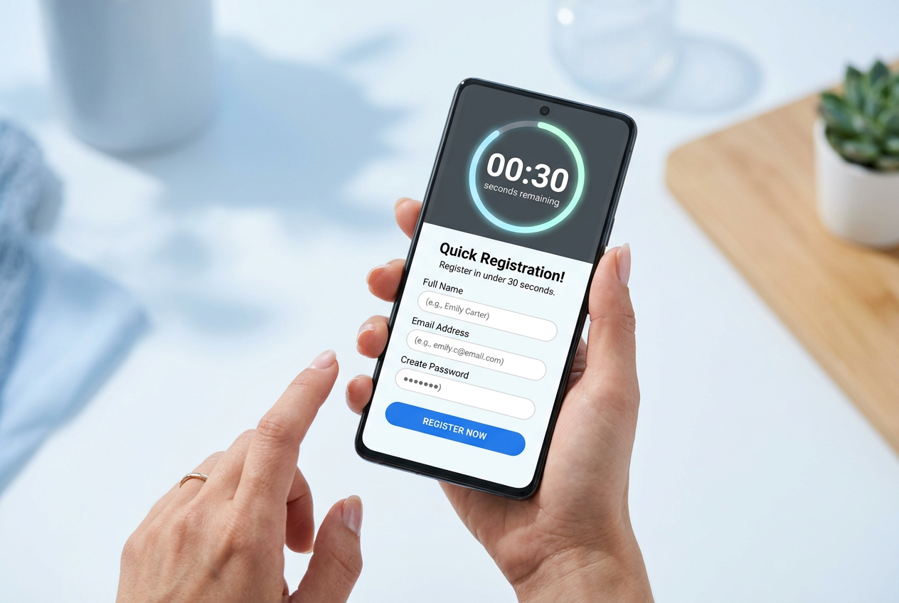 Graphic showing a fast digital registration process on a mobile device