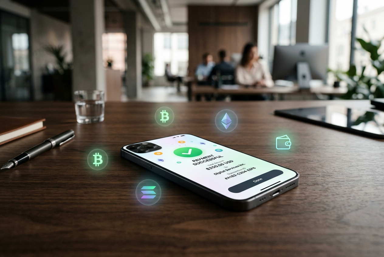 Digital payment icons and a smartphone showing a successful transaction