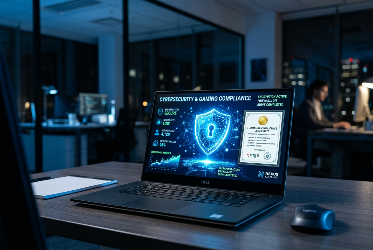 A digital shield and official document symbolizing online casino licensing and security.